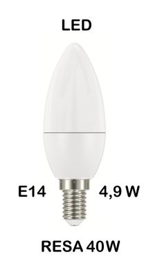 LAMPADINA LED E14  4,9W (RESA 40W) LUCE FREDDA / GHIACCIO 6500K OLIVA / FIAMMA / CANDELA OPALE SMD