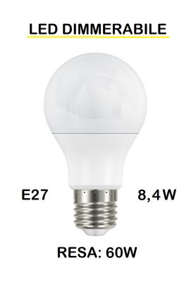 LAMPADINA LED E27 8,4W (RESA 60W) LUCE CALDA 2700K OPALE GOCCIA / PERA OPALE SMD DIMMERABILE LAMPADINA LED E27 8,4W (RESA 60W) LUCE CALDA 2700K OPALE GOCCIA / PERA OPALE SMD DIMMERABILE