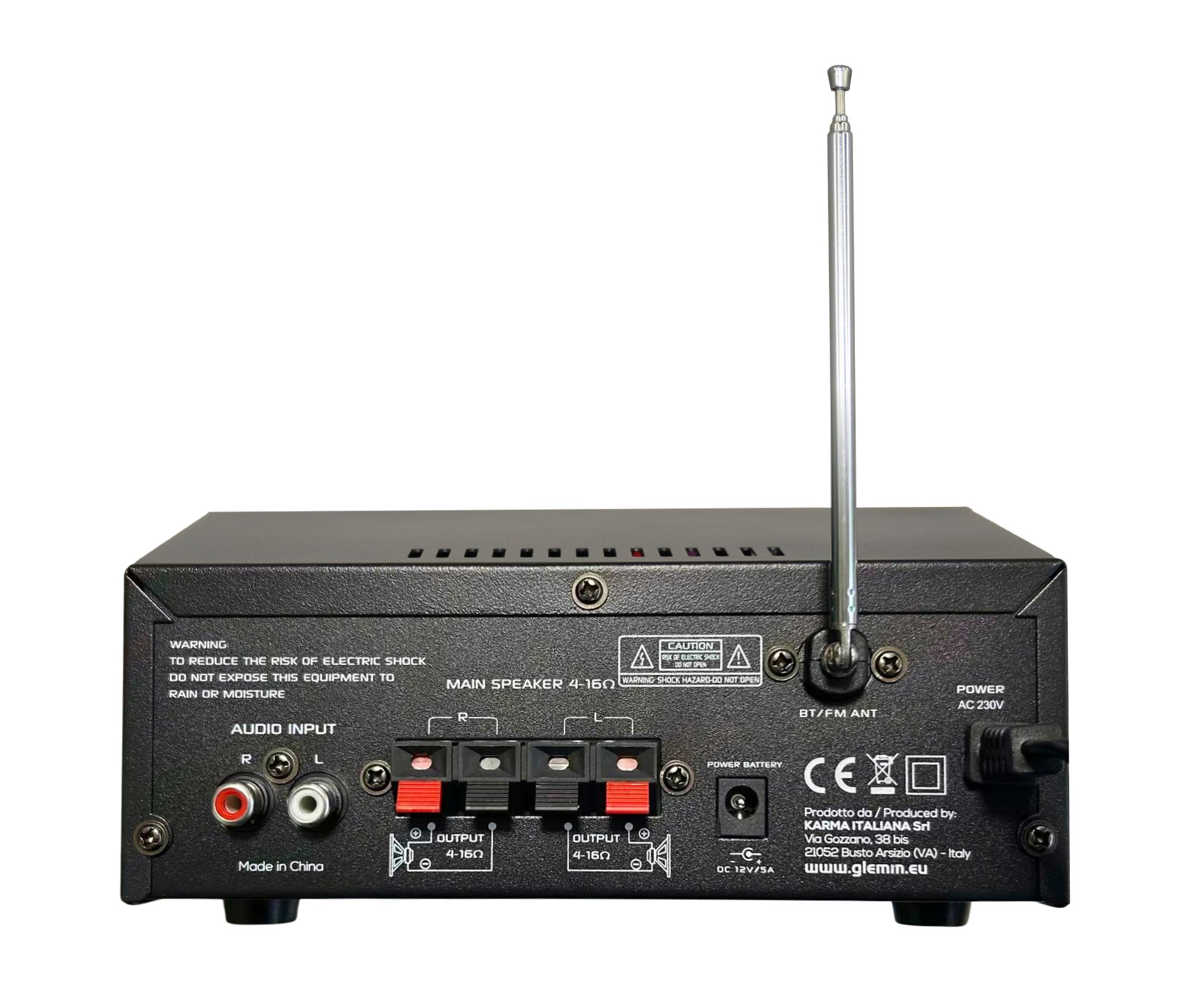 Amplificatore Stereofonico 2 x 30W Compatto Con 3 ingressi: 2 per Micofoni e 1 di Linea Miscelabili, Riproduzione MP3 e Supporto SD, USB, Bluetooth e Radio FM. - Telecomando incluso