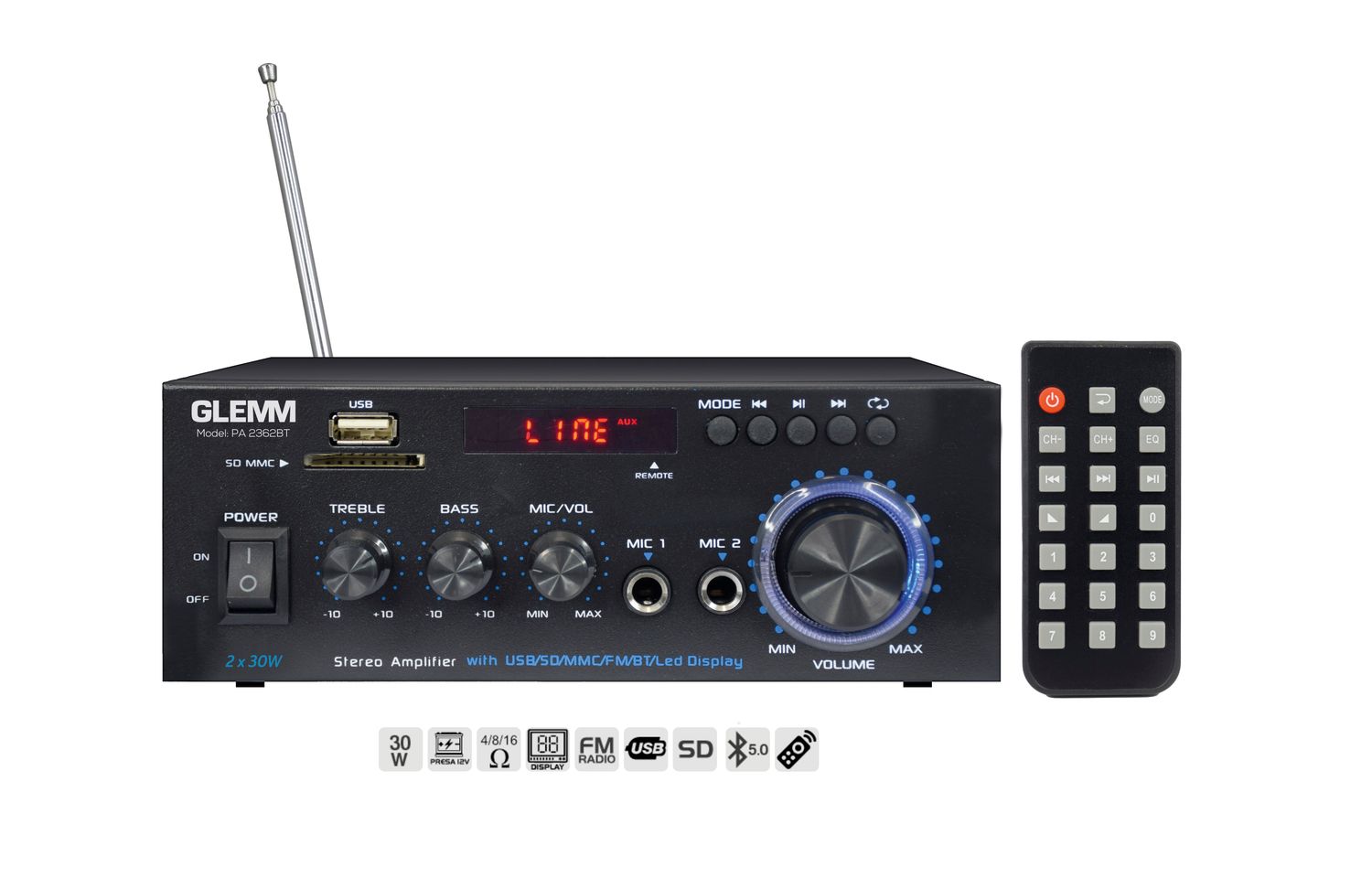 Amplificatore Stereofonico 2 x 30W Compatto Con 3 ingressi: 2 per Micofoni e 1 di Linea Miscelabili, Riproduzione MP3 e Supporto SD, USB, Bluetooth e Radio FM. - Telecomando incluso