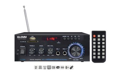 Amplificatore Stereofonico 2 x 30W Compatto Con 3 ingressi: 2 per Micofoni e 1 di Linea Miscelabili, Riproduzione MP3 e Supporto SD, USB, Bluetooth e Radio FM. - Telecomando incluso