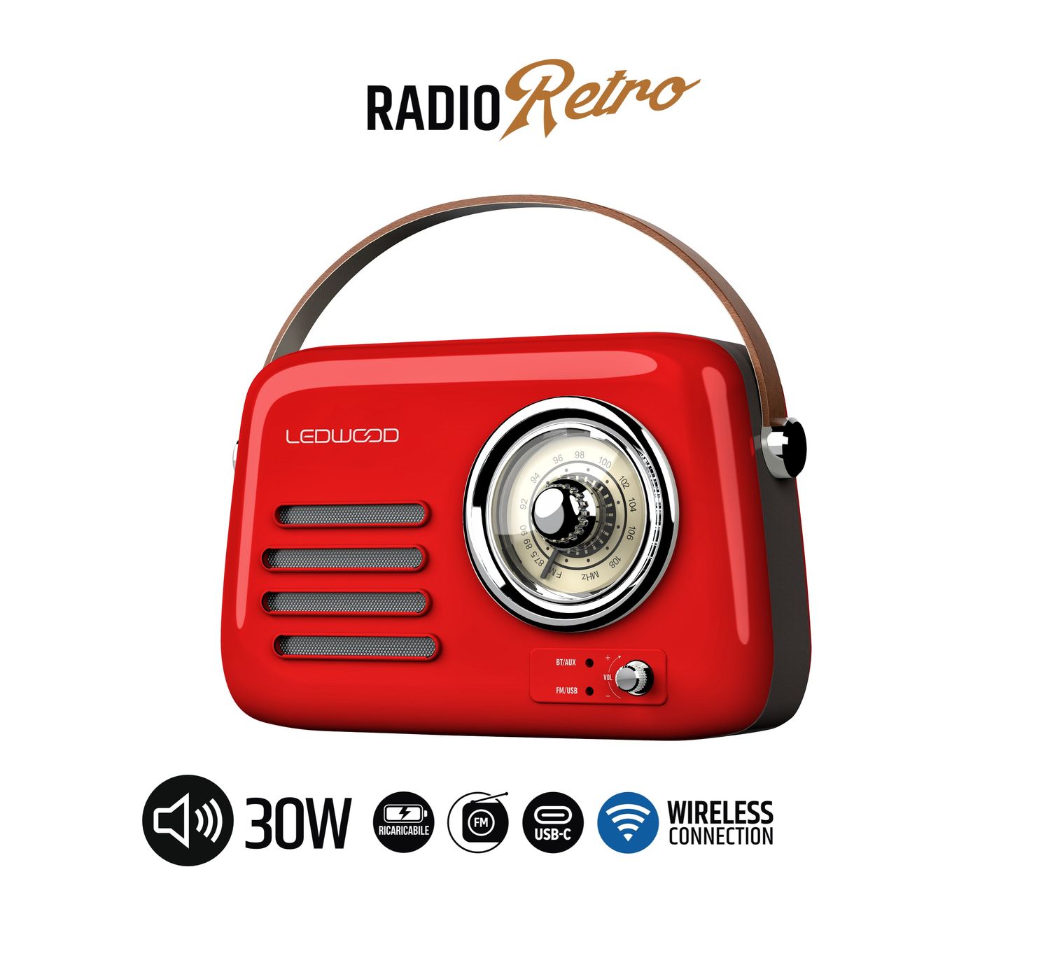 ALMA Radio con Diffusore Bluetooth Retrò Vintage Lettore MP3 e Chiavetta USB Batteria Ricaricabile - Manico in Pelle - Colore Rosso - Riproduzione da Smartphone e Tablet - USBC