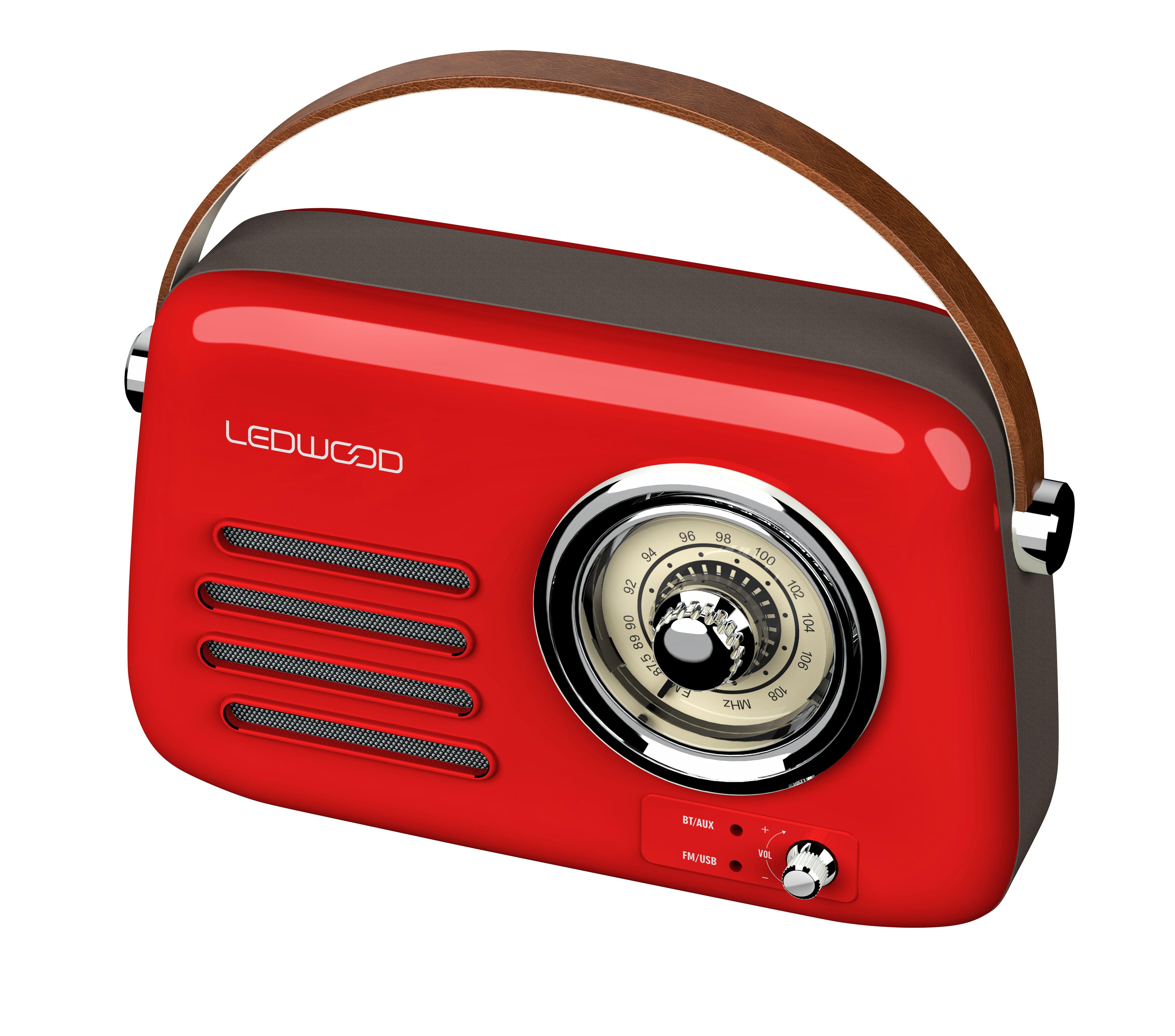ALMA Radio con Diffusore Bluetooth Retrò Vintage Lettore MP3 e Chiavetta USB Batteria Ricaricabile - Manico in Pelle - Colore Rosso - Riproduzione da Smartphone e Tablet - USBC