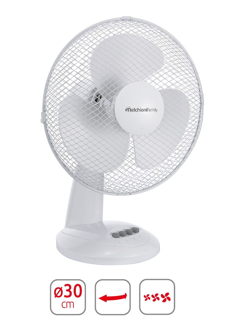 Ventilatore da tavolo con 3 Velocità, Ventola a 3 Pale, Diametro 30 cm, Funzione di Oscillazione, Colore Bianco Ventilatore da tavolo con 3 Velocità, Ventola a 3 Pale, Diametro 30 cm, Funzione di Oscillazione, Colore Bianco