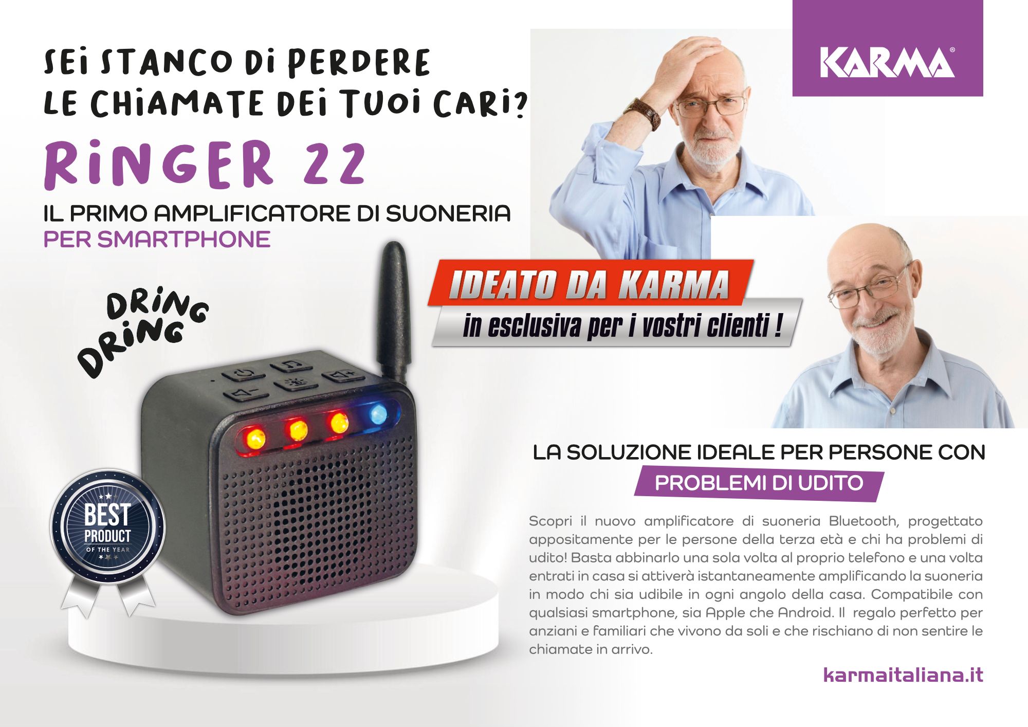 Amplificatore di Suoneria per Smartphone Bluetooth Per Persone Deboli d'Udito. 5 Diversi suoni, 6 livelli di volume e 4 intensità Luminosa LED. - Batterie