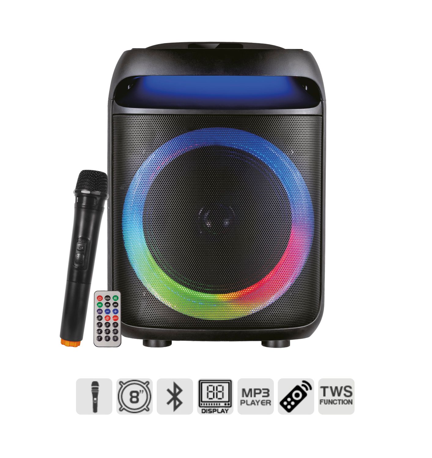 Diffusore Amplificato con Radiomicrofono, Woofer da 8 Diffusore Amplificato con Radiomicrofono, Woofer da 8", Compatto, Suono Pulito e POTENTE. Bluetooth, Lettore MP3, Registra su USB o Scheda SD. Batteria, Microfono e Telecomando