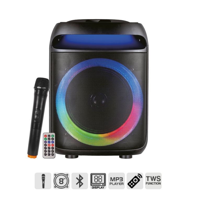 Diffusore Amplificato con Radiomicrofono, Woofer da 8 Diffusore Amplificato con Radiomicrofono, Woofer da 8", Compatto, Suono Pulito e POTENTE. Bluetooth, Lettore MP3, Registra su USB o Scheda SD. Batteria, Microfono e Telecomando