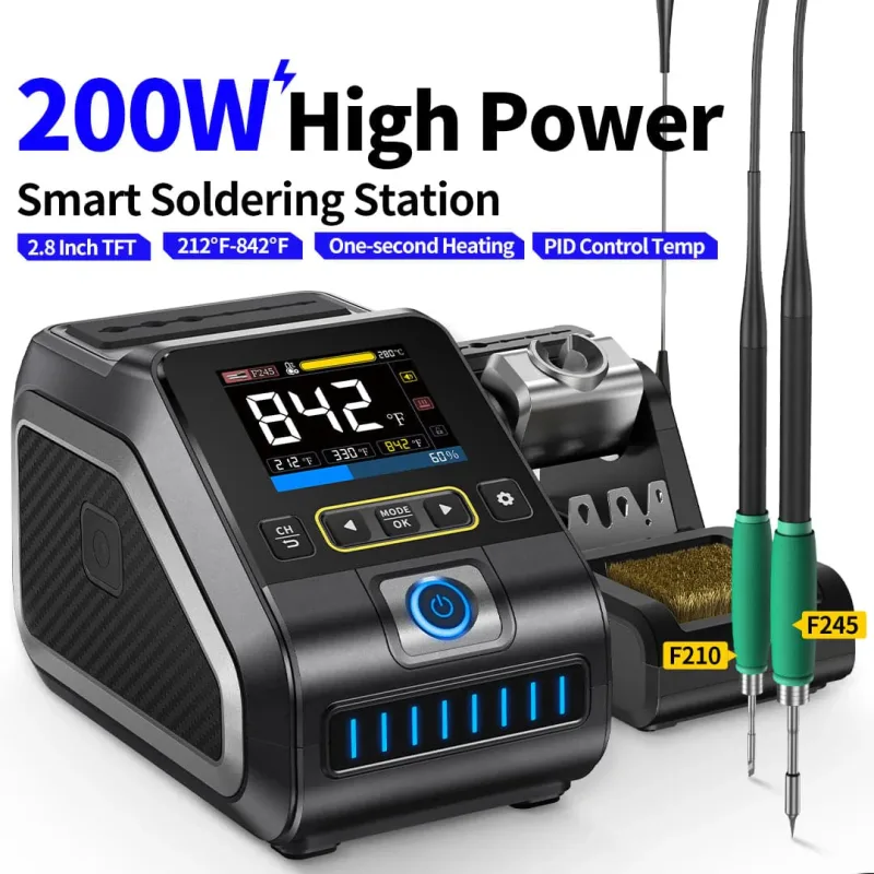 Stazione di Saldatura Professionale, Riscaldamento Ultra Rapido 200W, 3 Punte Differenti Display TFT a Colori, Controllo Digitale Temperatura Stabile da 100° a 450°, Bracci Supporto, Affidabile