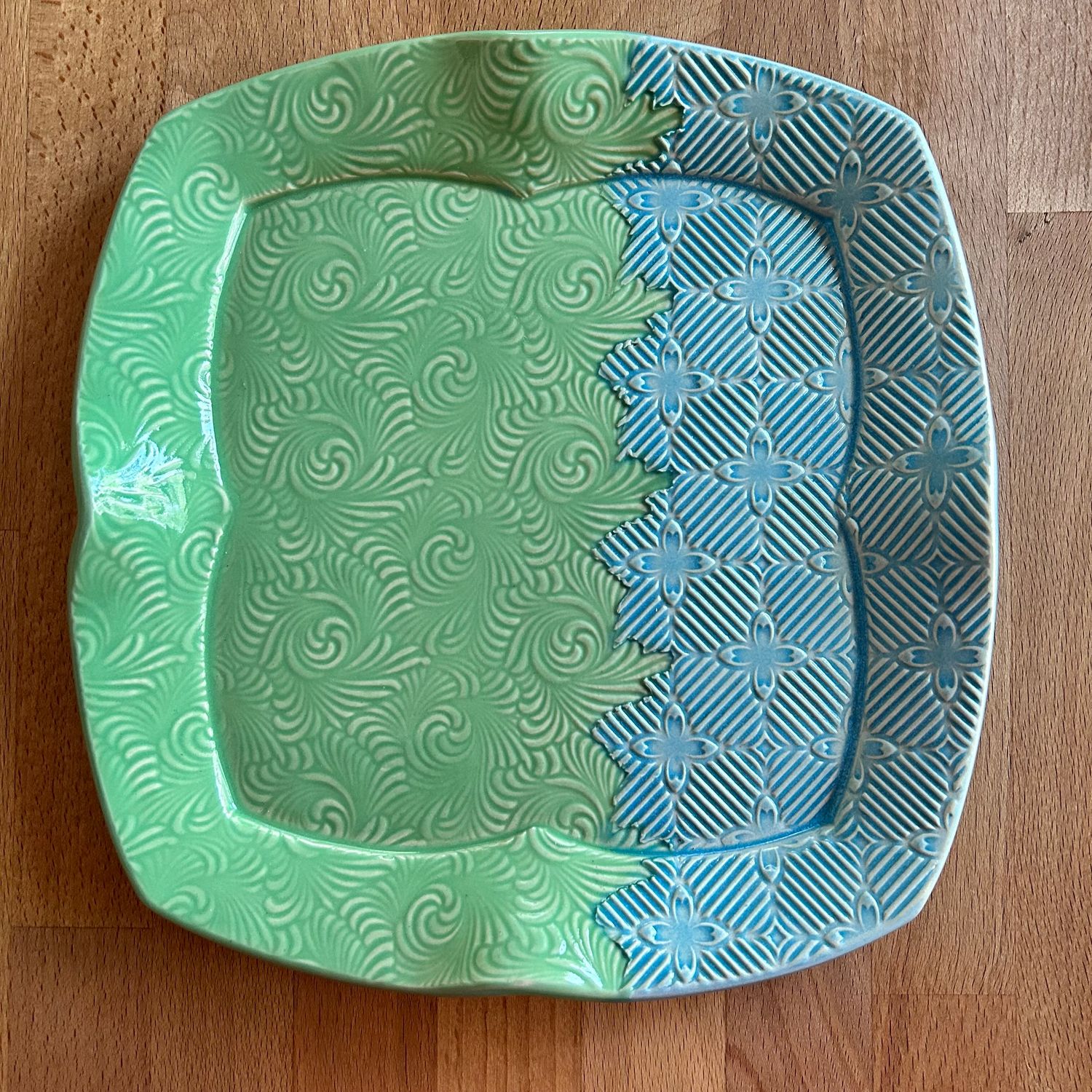 9&quot; Luncheon Plate 2 Color in green &amp; lake ice blue