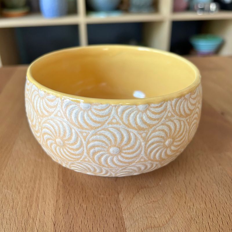 Dip/Sauce/Ice Cream Bowl in yellow &amp; painted iron with pinwheels