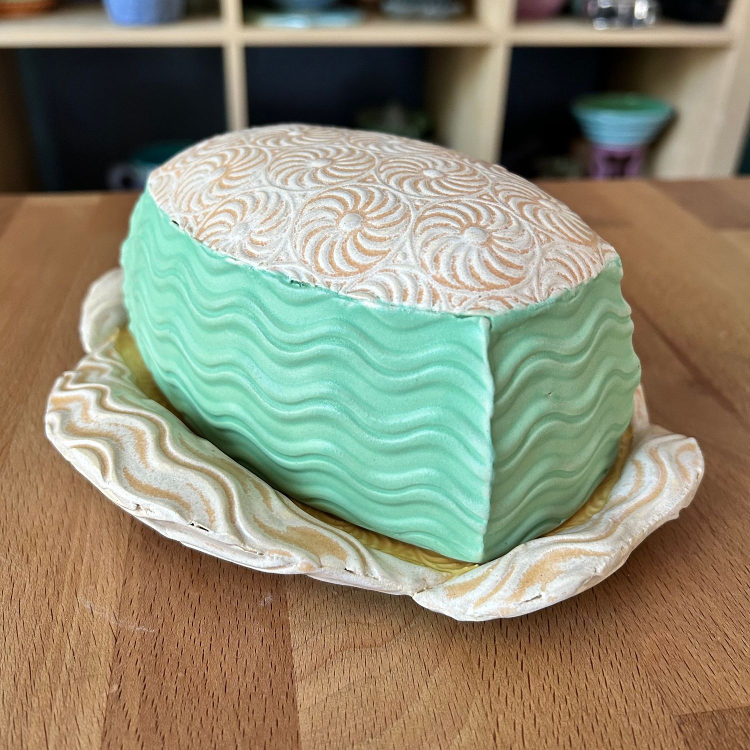 Butterdish in yellow, green &amp; painted iron