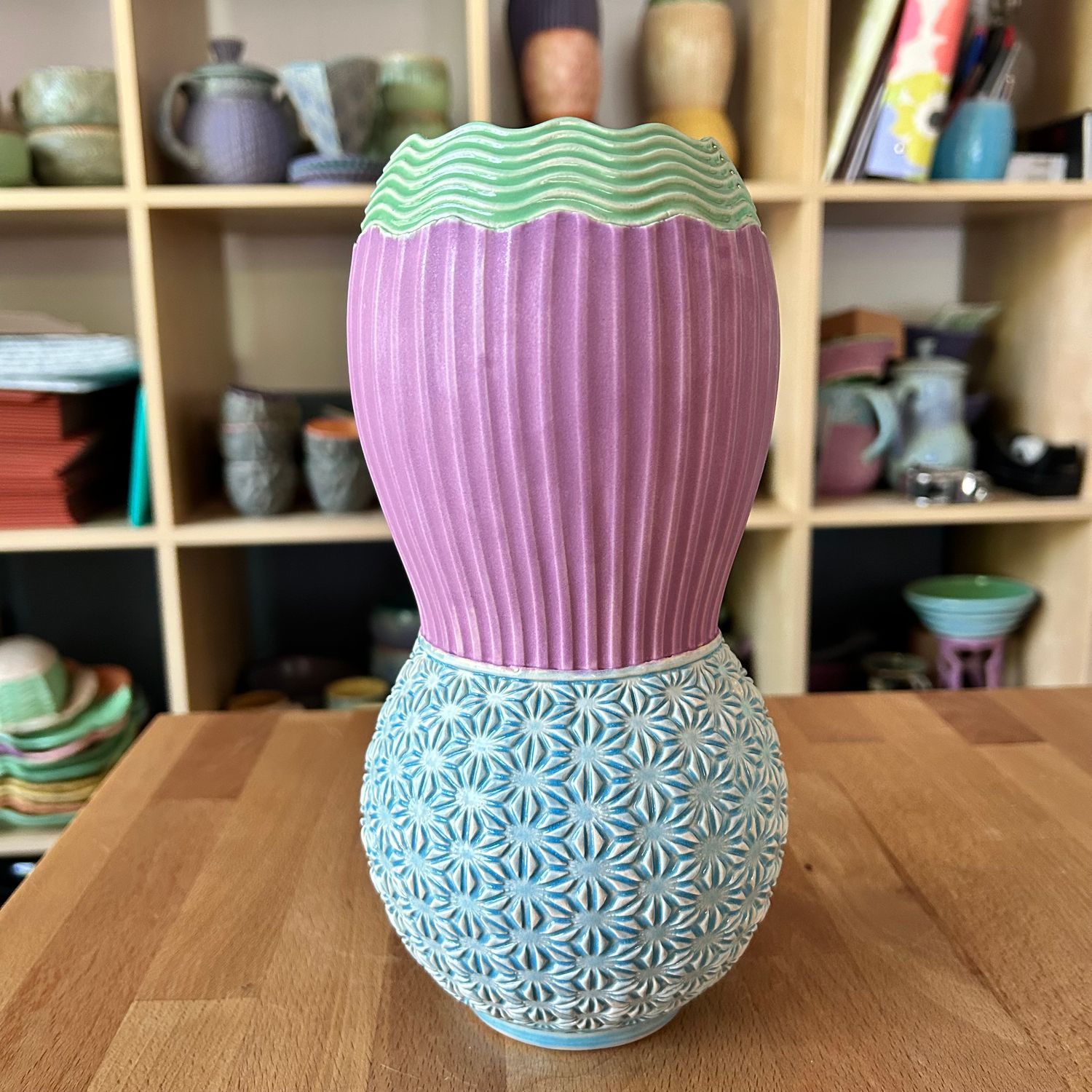 Vase in green, chrysanthemum &amp; lake ice blue