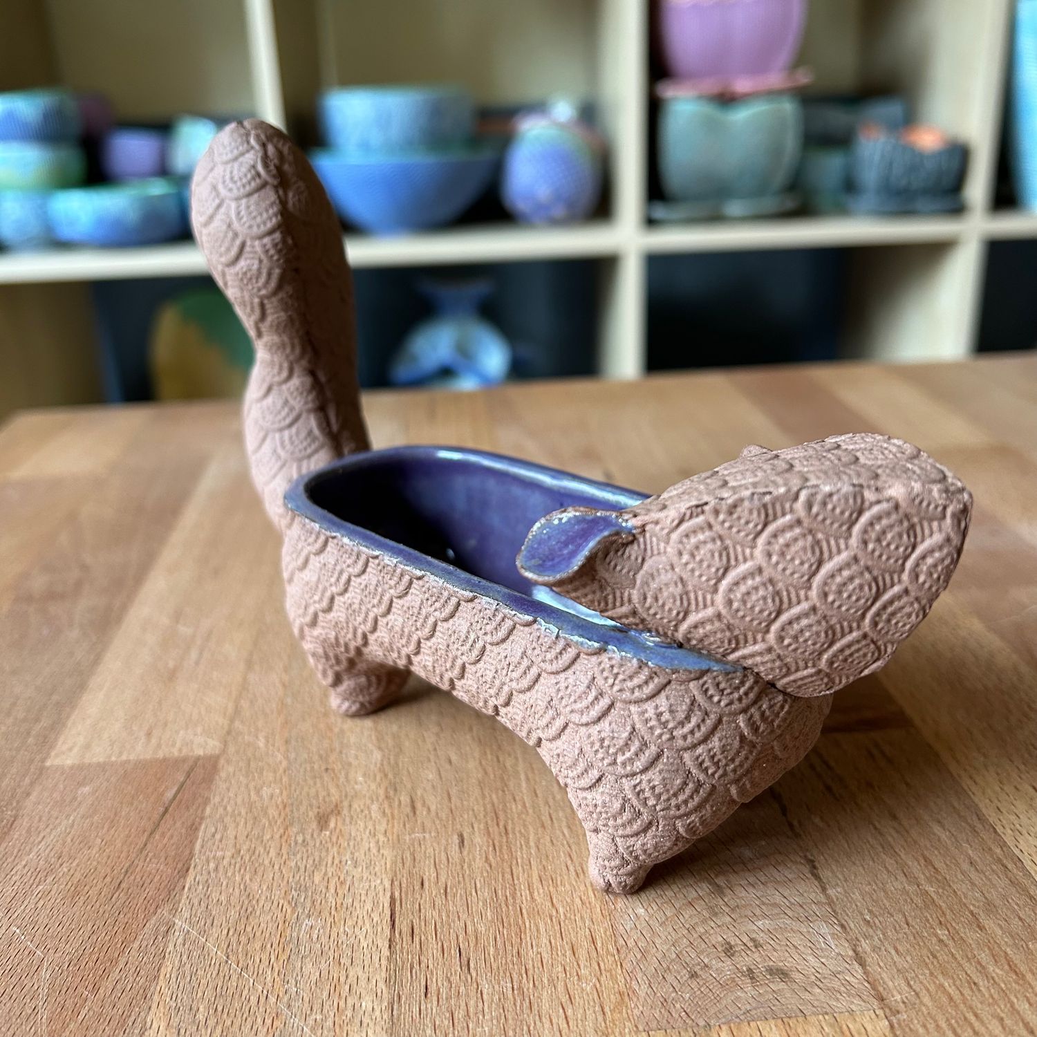 Small Squirrel in purple and bare brown clay