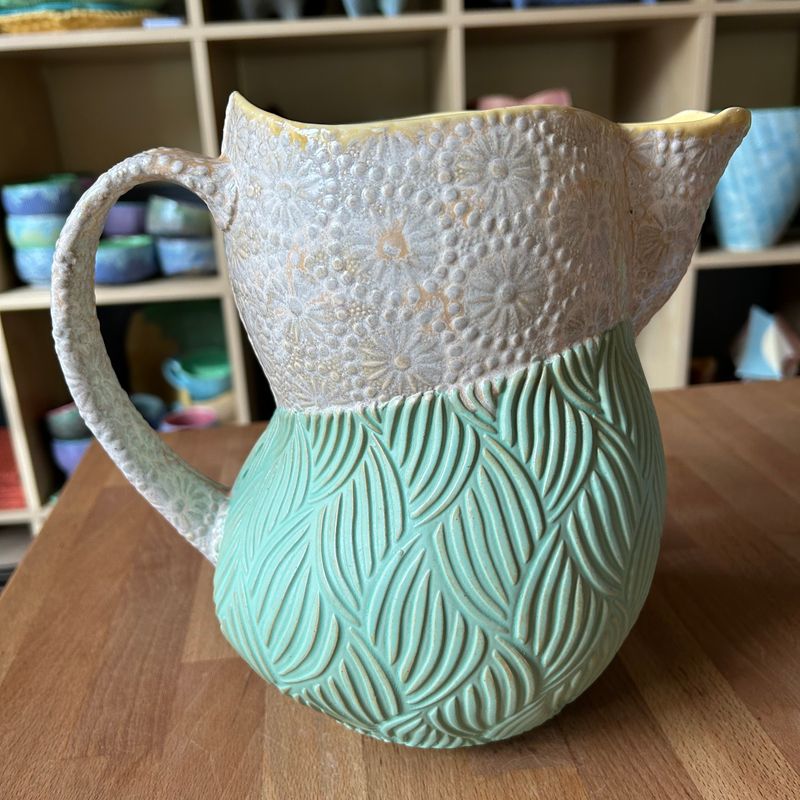 Pitcher in yellow, painted iron &amp; green