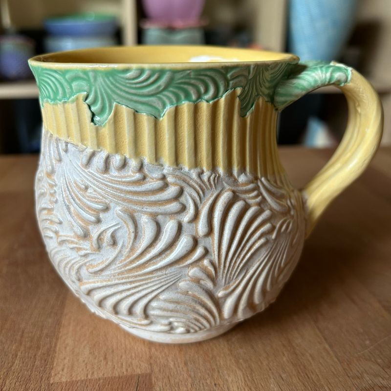 She Cup in yellow, green &amp; painted iron with wide wale corduroy
