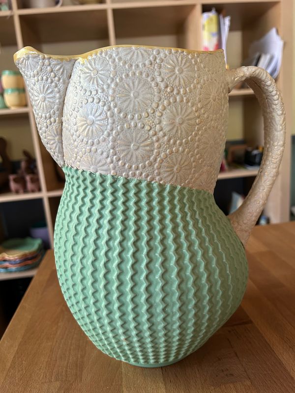 Pitcher in yellow, painted iron &amp; green
