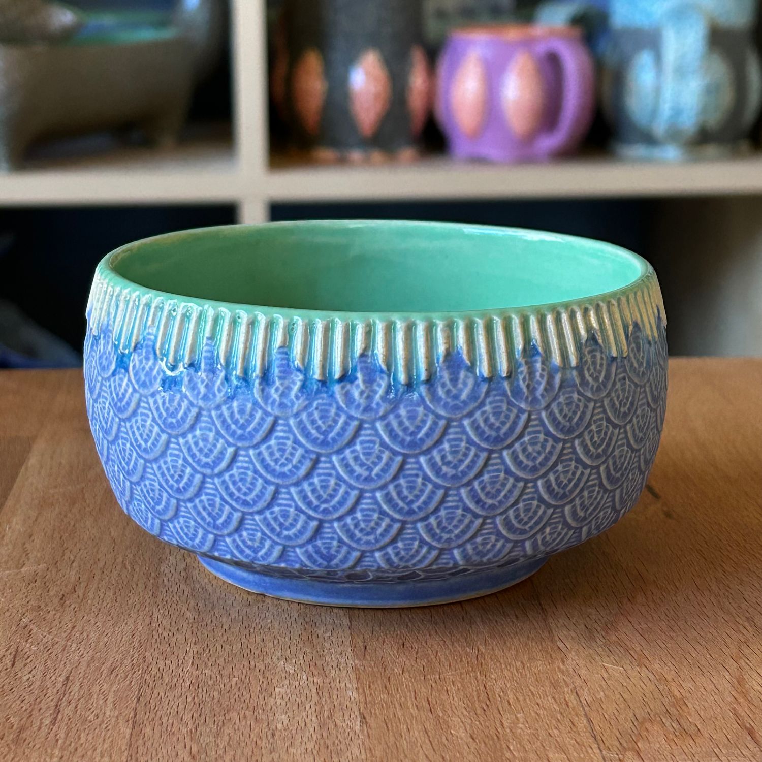 Dip/Sauce/Ice Cream Bowl with scales in green, lake ice blue &amp; bloo