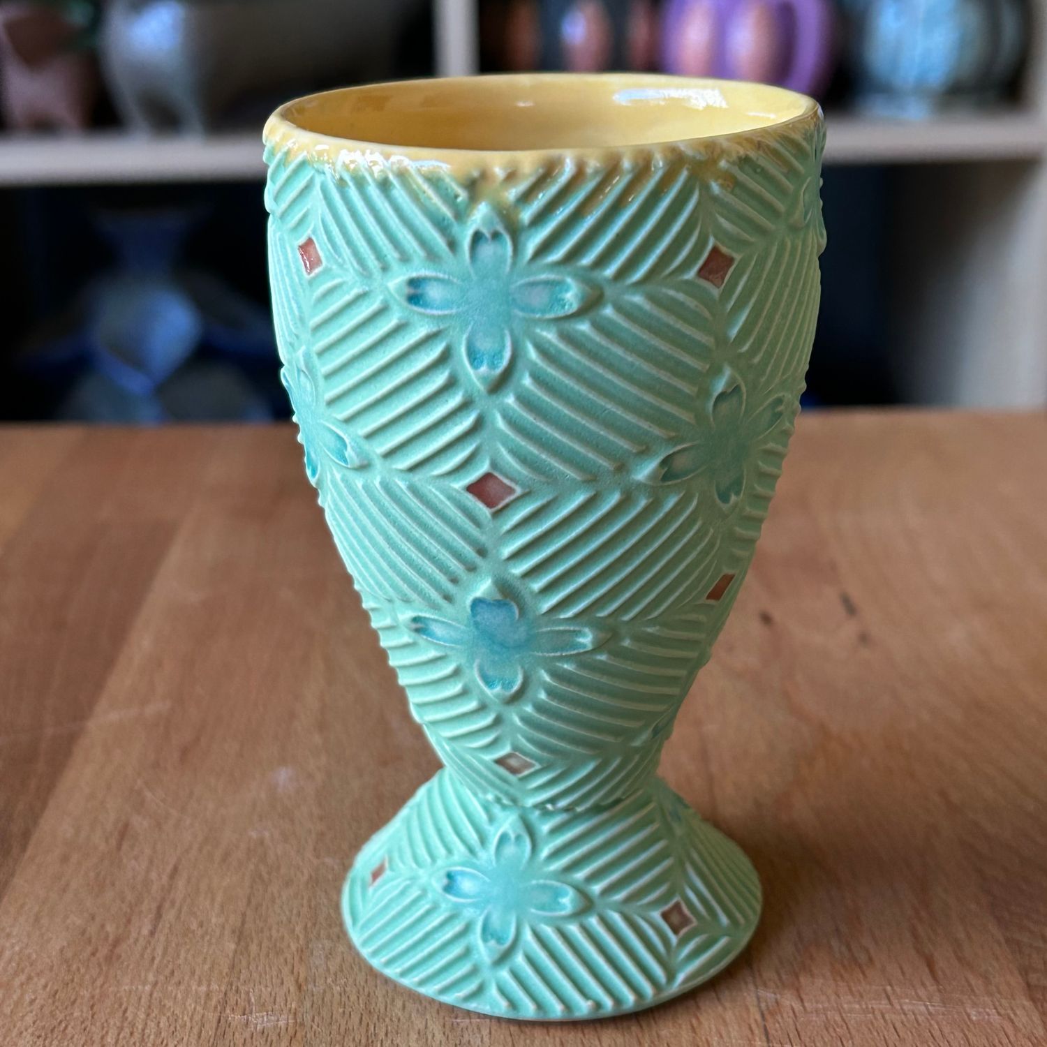 Chalice in yellow &amp; green with lake ice bloo &amp; peach accents