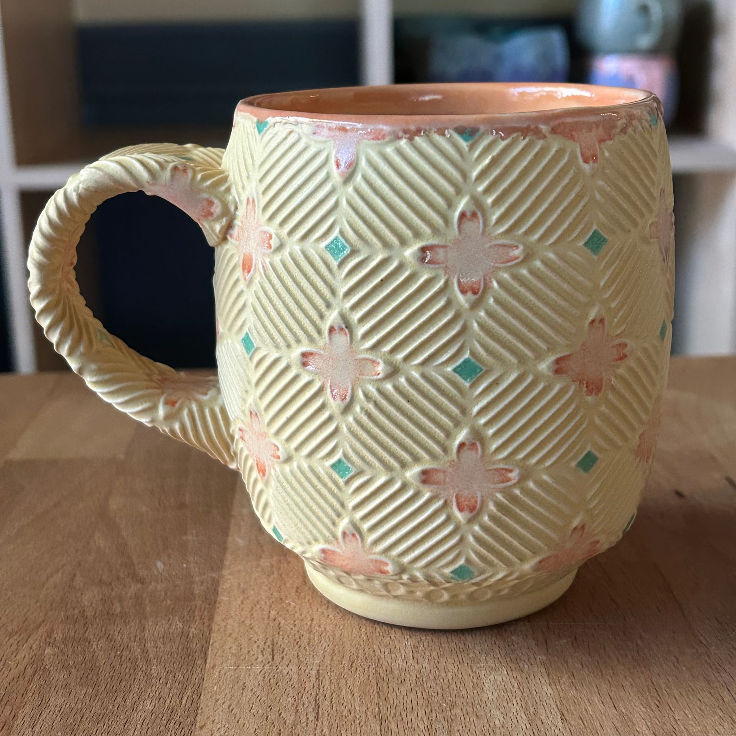 16oz Cup in peach &amp; yellow with lake ice blue &amp; green accents