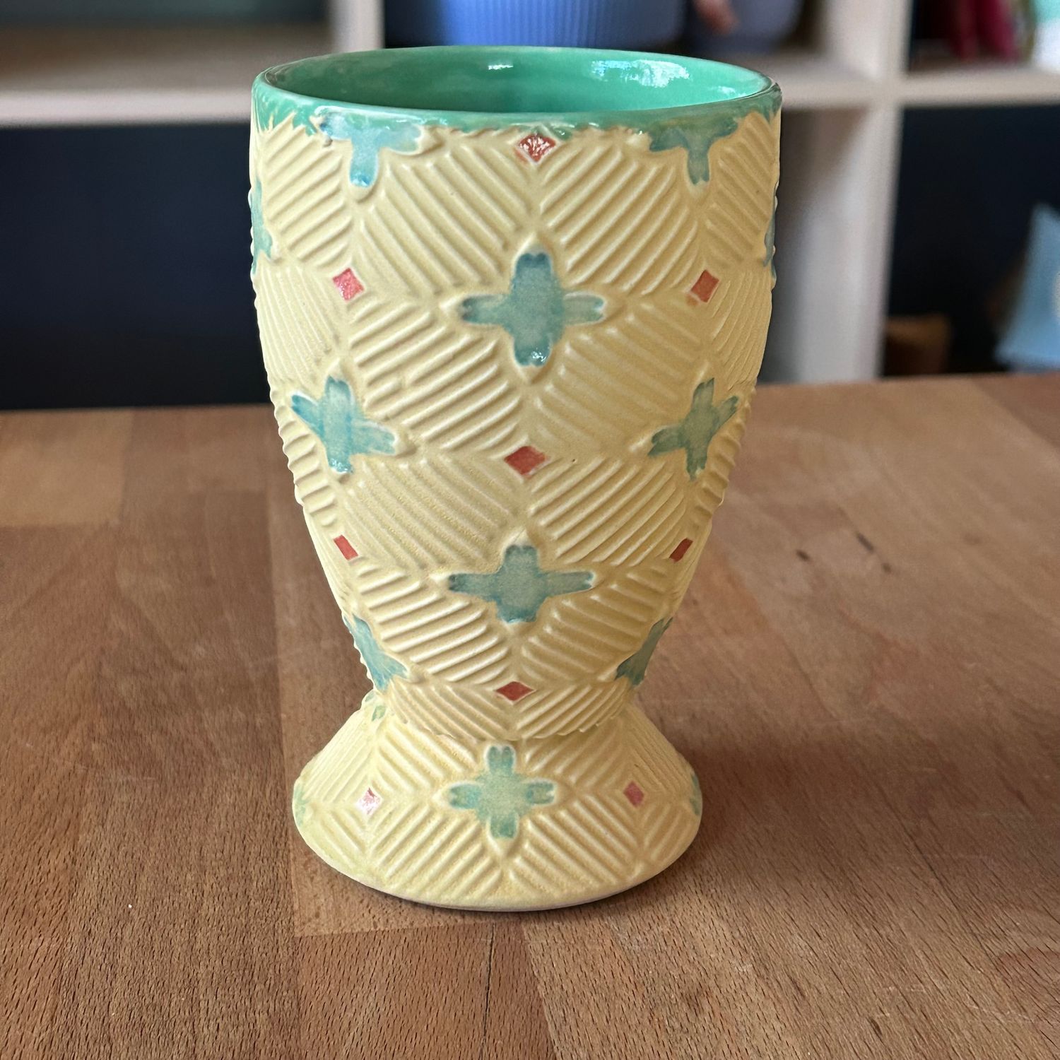 Goblet in green &amp; yellow with lake ice blue &amp; peach accents