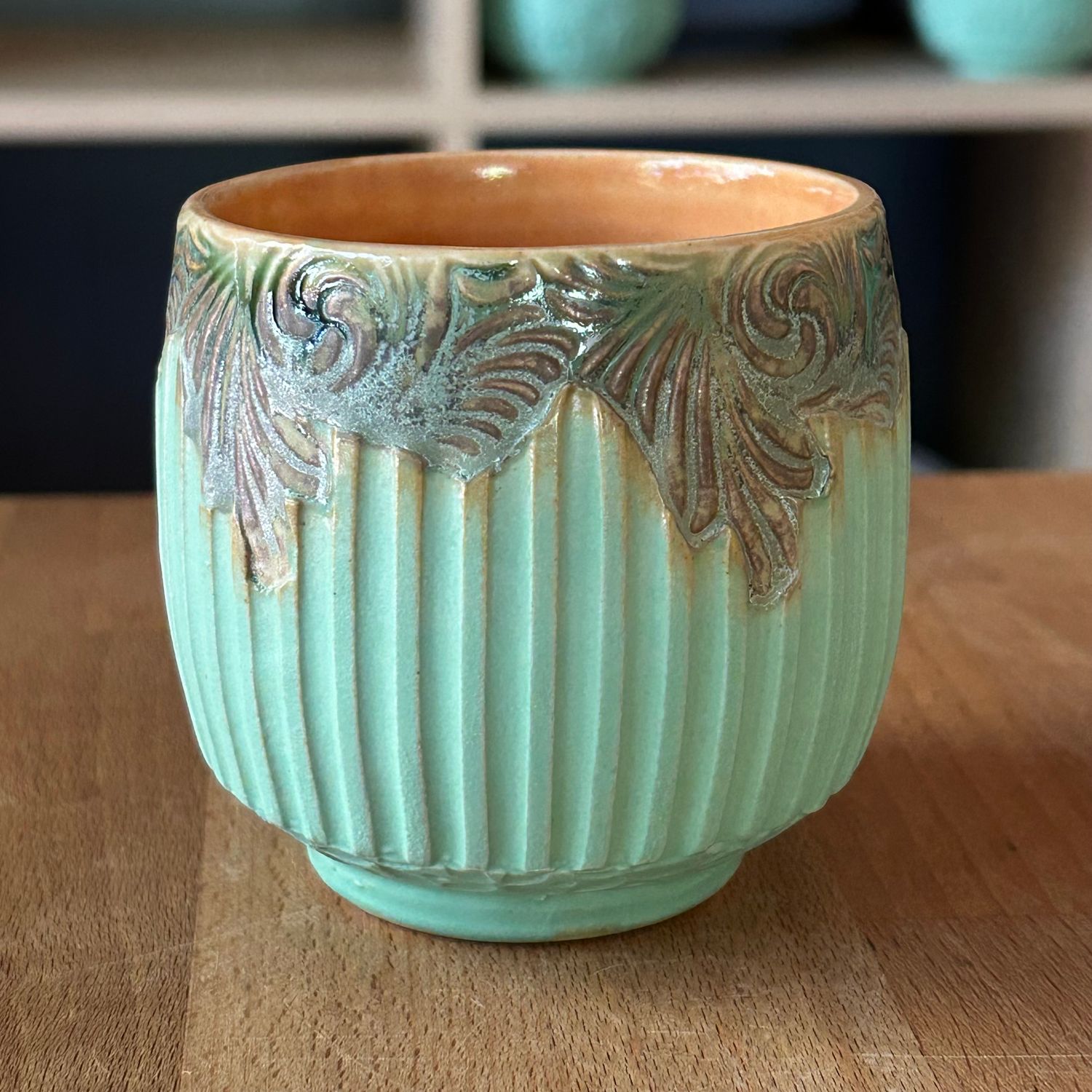 Tea Bowl in peach, watered twilight &amp; green