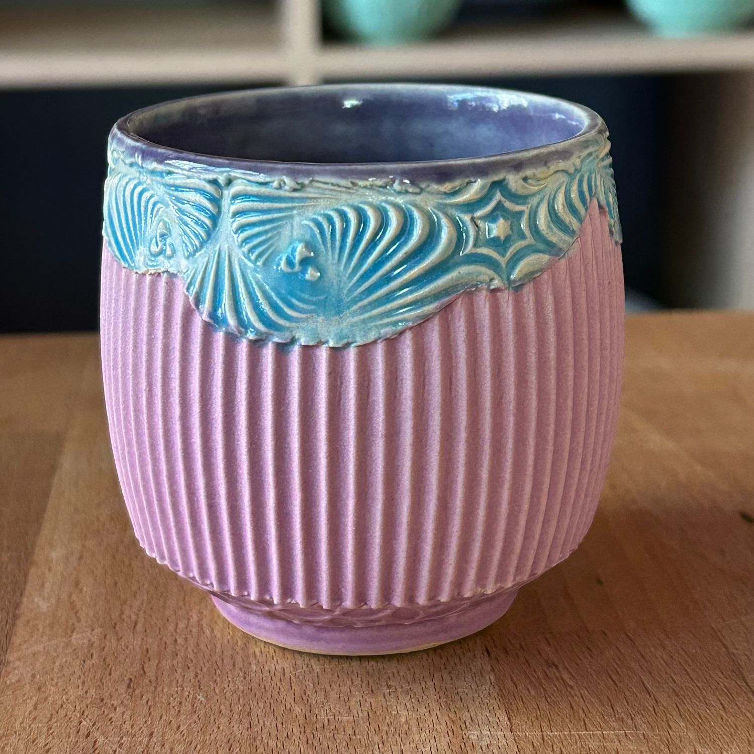 Tea Bowl in purple, lake ice blue &amp; chrysanthemum