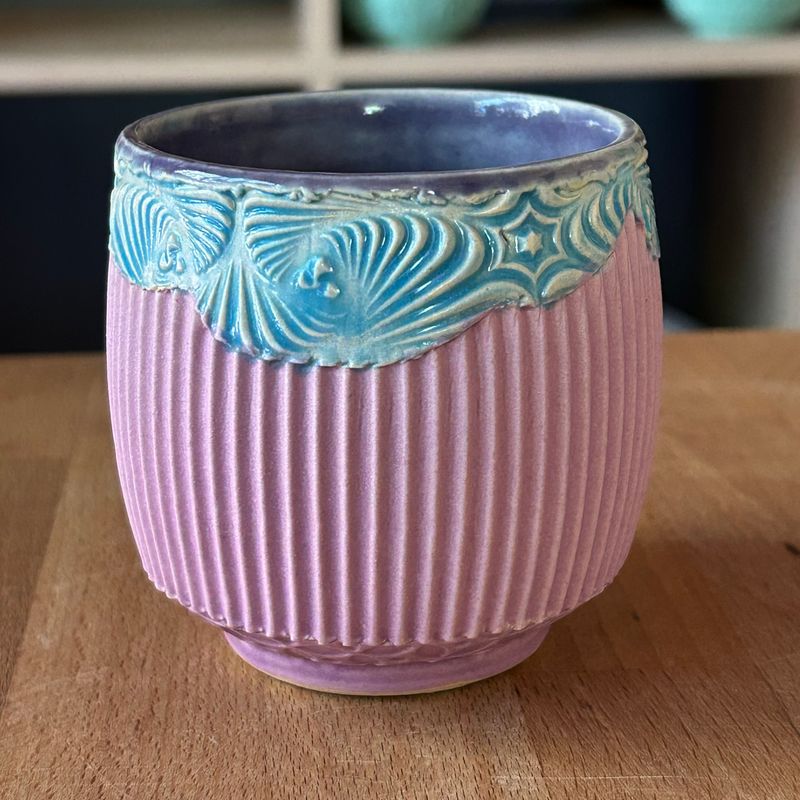 Tea Bowl in purple, lake ice blue &amp; chrysanthemum