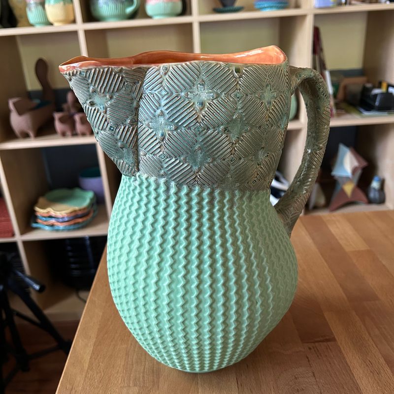 Pitcher in peach, watered twilight &amp; green