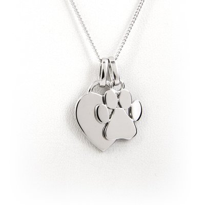 Heart and Paw Print Necklace - Sterling Silver with Rhodium Plating