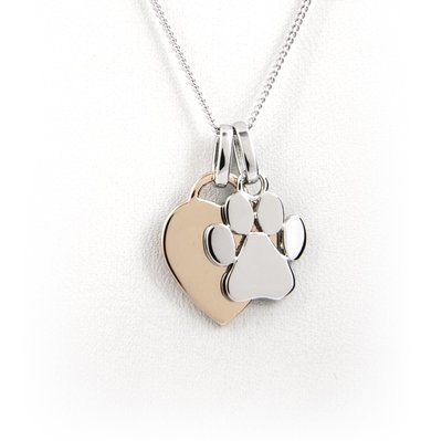 Heart and Paw Print Necklace - Sterling Silver with Rose Gold Plating