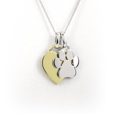 Heart and Paw Print Necklace - Sterling Silver with Yellow Gold Plating