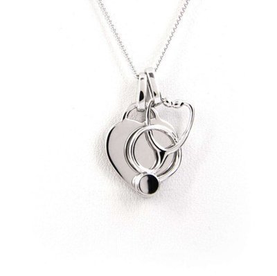 Heart and Stethoscope Necklace - Sterling Silver with Rhodium Plating