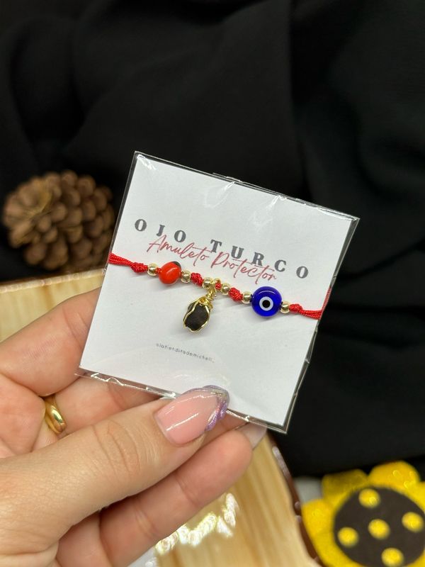 Pulsera Amuleto Protector azabache-Pionia-ojo turco