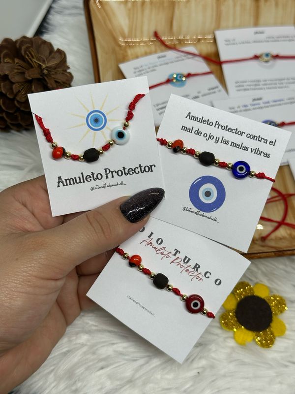 Pulsera Amuleto Niños con Peonia, Azabache y Ojo Turco