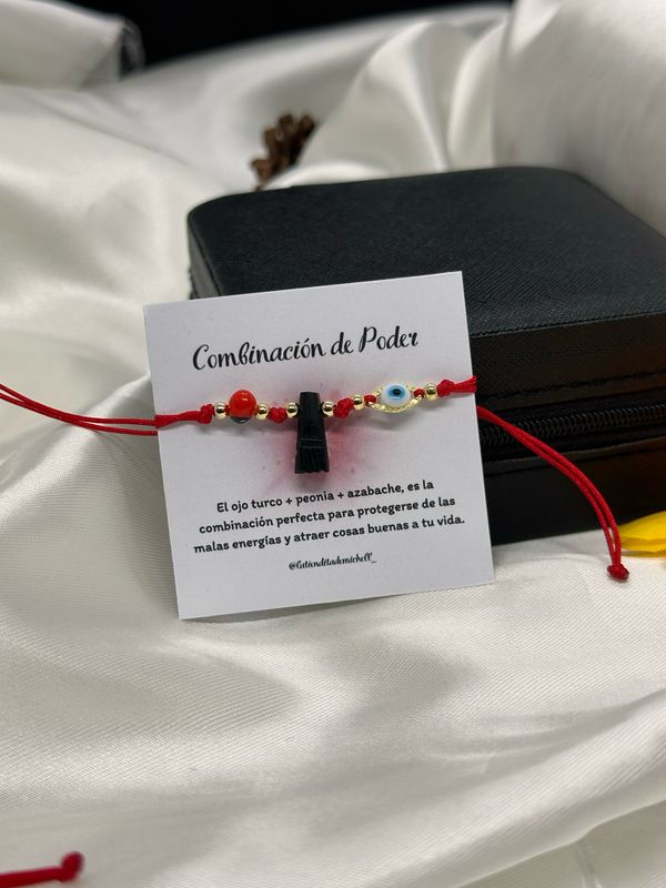 Pulsera Amuleto Azabache Pionia y Ojo Turco 01