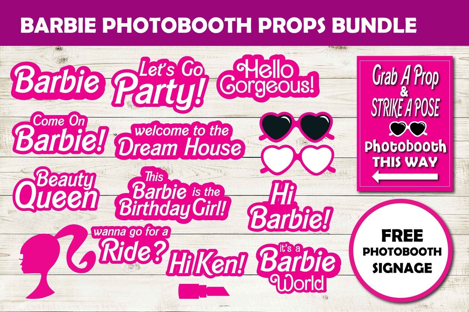 Barbie props, Totally Pink Bundle 2, Photo booth props, 360 photo booth props, custom photobooth props, props for weddings, parties events