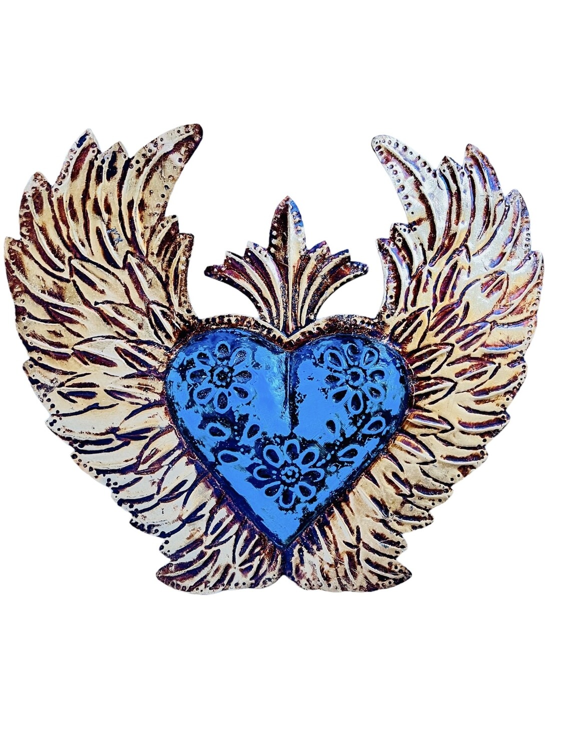 Handcrafted Metal Blue Heart with Wings
