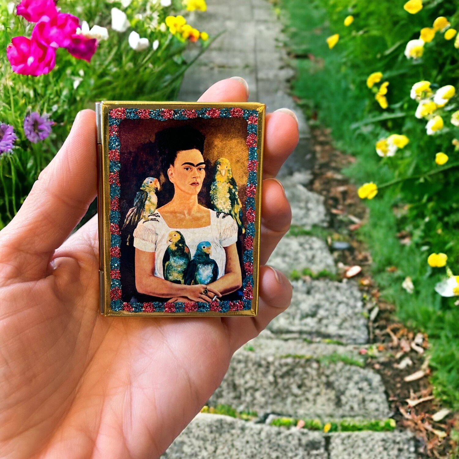 Lady Frida with Parrots - Hand Crafted Pocket Mirror