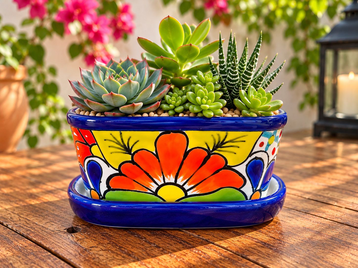 Hand-Painted Talavera Succulent Planter with Saucer 🌵💙 “Ayelen”