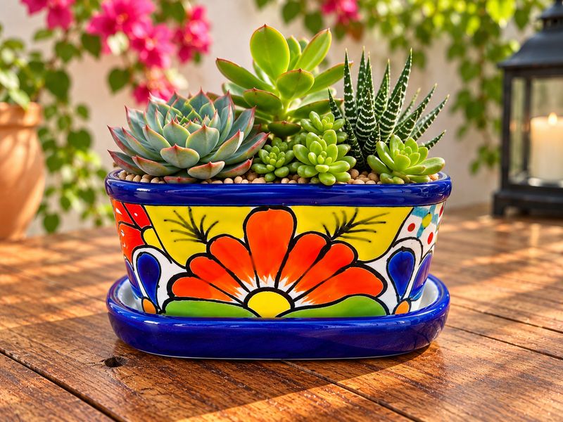 Hand-Painted Talavera Succulent Planter with Saucer 🌵💙 “Ayelen”