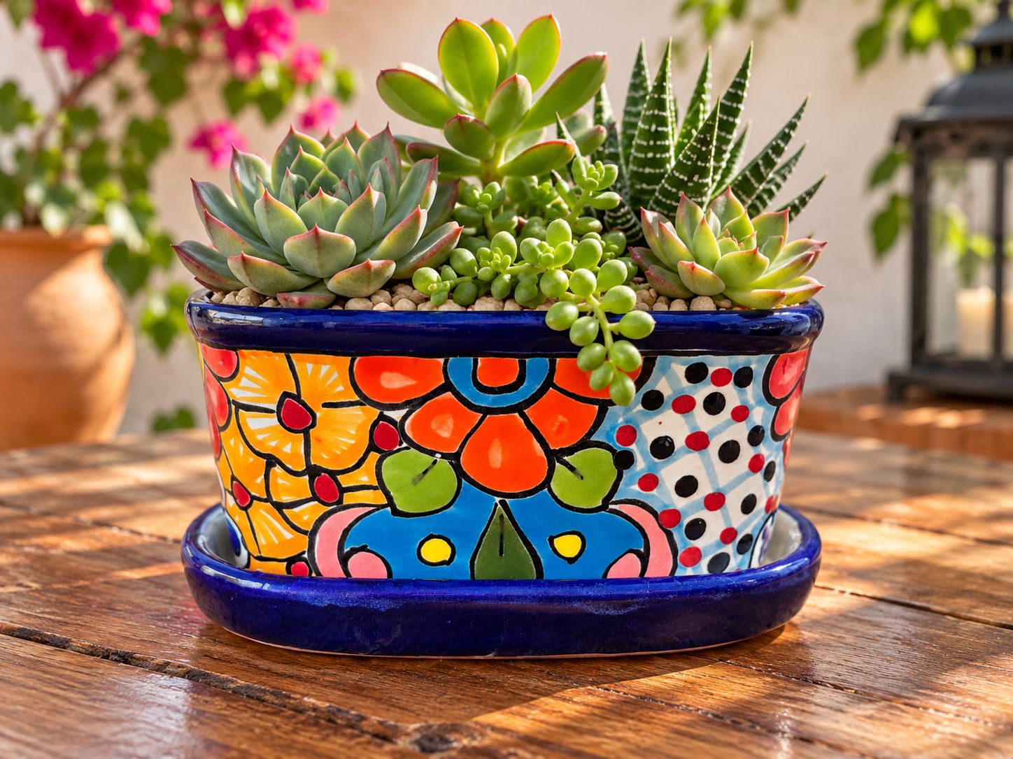 Hand-Painted Talavera Succulent Planter with Saucer 🌵💙 “Luisa”