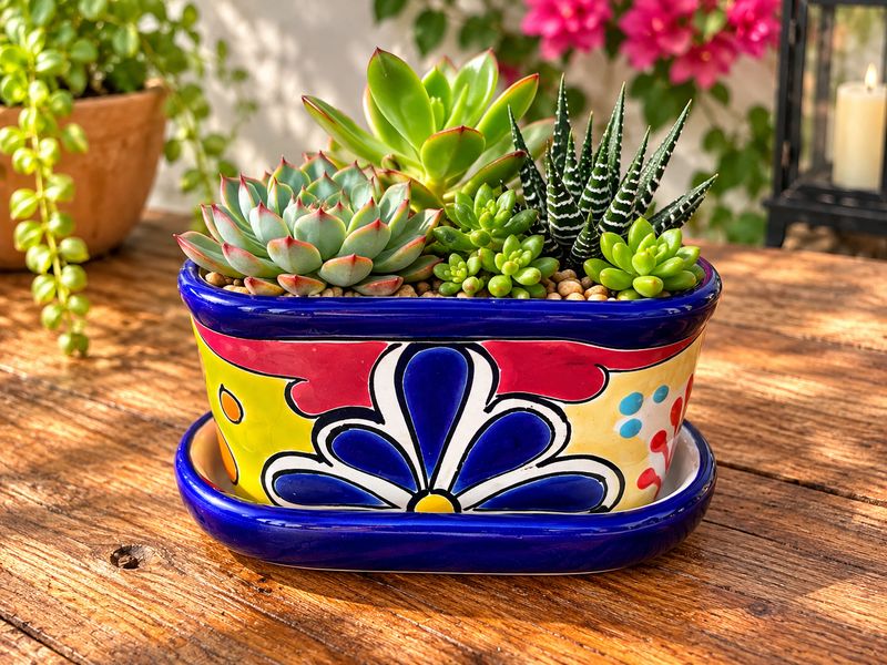 Hand-Painted Talavera Succulent Planter with Saucer 🌵💙 “Graciela”