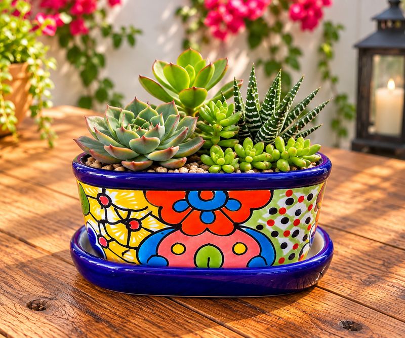 Hand-Painted Talavera Succulent Planter with Saucer 🌵💙 “Lorena”