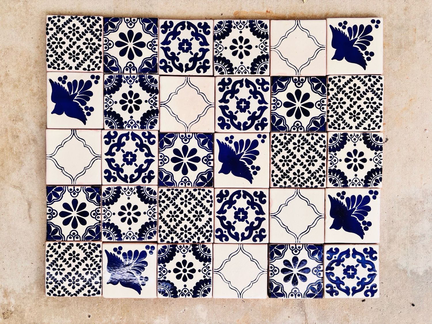 Handmade Clay Tiles - Blue And Bone - Set Of 30