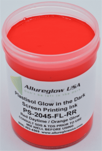 PS-2045-FL-RR-GL PLASTISOL FLUORESCENT RED DAYTIME ORANGE GLOW IN THE DARK SCREEN PRINTING INK 5 GALLON