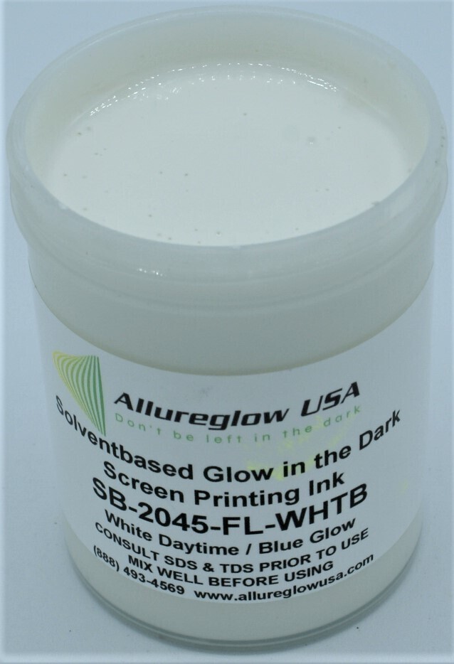 SB-2045-WHTB-FV SOLVENT BASED GLOW IN THE DARK SCREEN PRINTING INK WHITE DAYTIME COLOR BLUE GLOW COLOR - FIVE GALLON