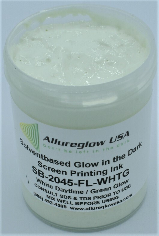 SB-2045-WHTG-8OZ SOLVENT BASED GLOW IN THE DARK SCREEN PRINTING INK WHITE DAYTIME COLOR GREEN GLOW COLOR - 8OZ