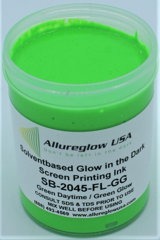SB-2045-FL-GG-QT SOLVENT BASED GLOW IN THE DARK SCREEN PRINTING INK GREEN DAYTIME COLOR GREEN GLOW COLOR - QUART