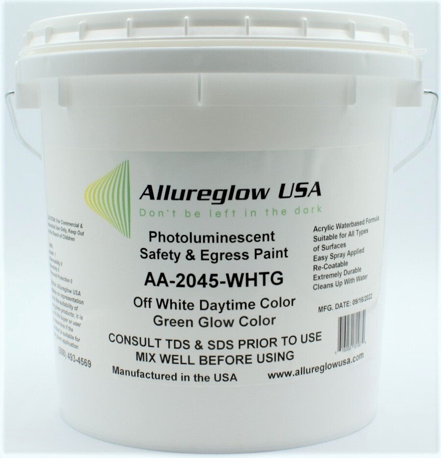 AA-2045-WHTG-FV  PHOTOLUMINESCENT WATERBASED PAINT  WHITE DAYTIME COLOR GREEN GLOW COLOR - FIVE GALLONS