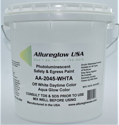 AA-2045-WHTA-FV PHOTOLUMINESCENT WATERBASED PAINT WHITE DAYTIME COLOR AQUA GLOW COLOR - FIVE GALLONS